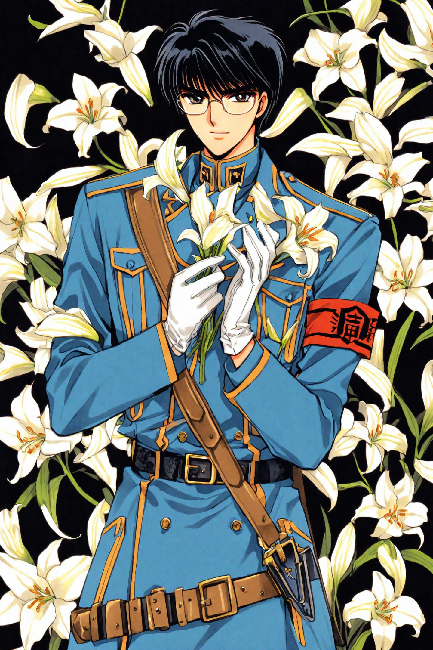 33470-1619384483-Tokyo Babylon,_Seishiro Sakurazuka,solo,1boy,male focus,flower,gloves,black hair,uniform,white flower,white gloves,holding,glass.png